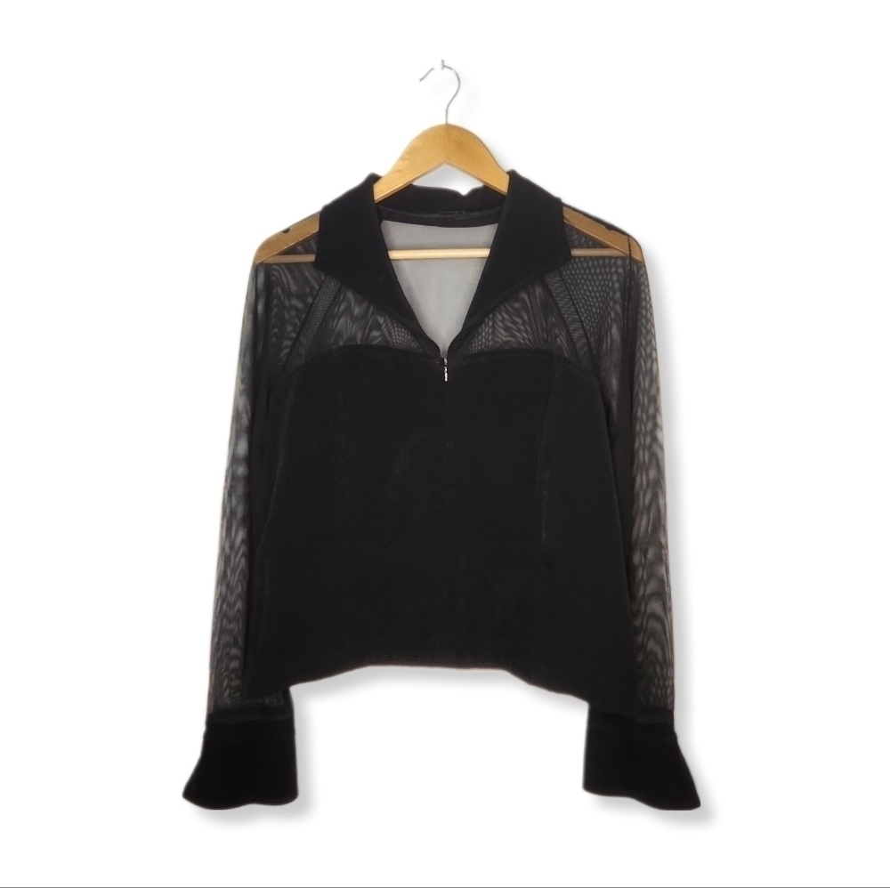 Vintage 90s Black Sheer Faux Suede Long Sleeve Front Zip Top Size 14